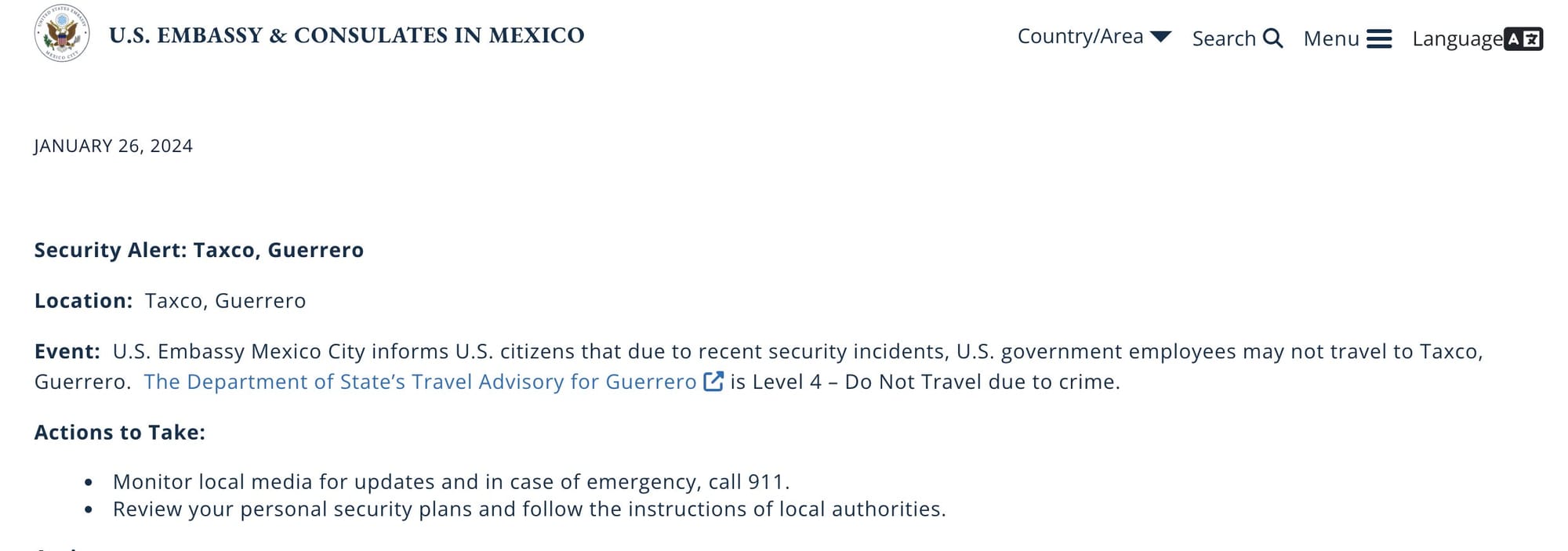 ¡EU EMITE ALERTA DE VIAJE PARA TAXCO!