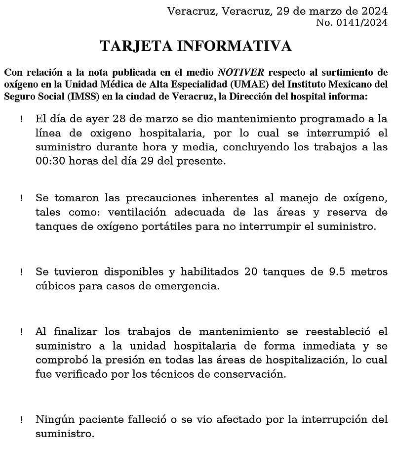 ¡IMSS REPORTA QUE FUE MANTENIMIENTO PROGRAMADO A LÍNEA DE OXÍGENO!