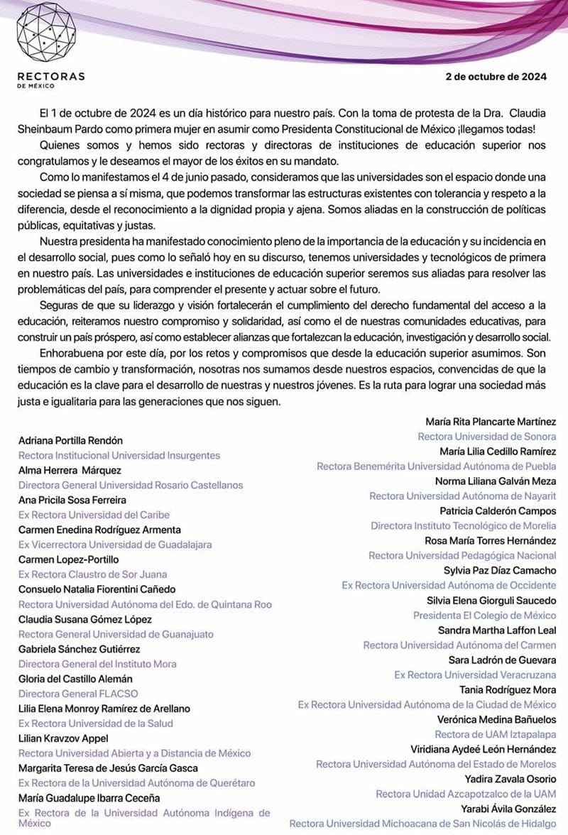 ¡CARTA A CLAUDIA! - DE RECTORAS Y EX RECTORAS