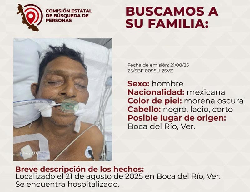 ¡BUSCAN A FAMILIARES DE HOSPITALIZADO EN BOCA DEL RÍO!