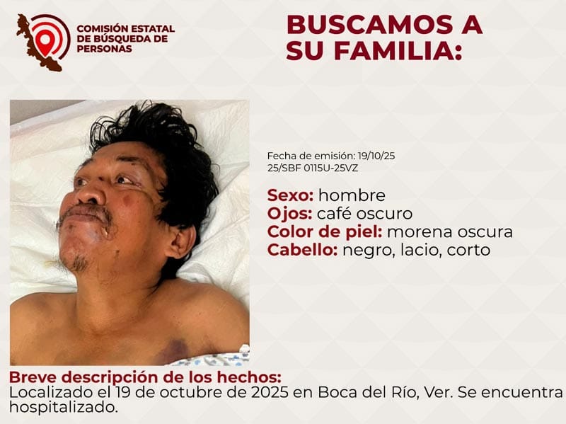 ¡BUSCAN A FAMILIARES DE HOMBRE HOSPITALIZADO EN BOCA DEL RÍO!