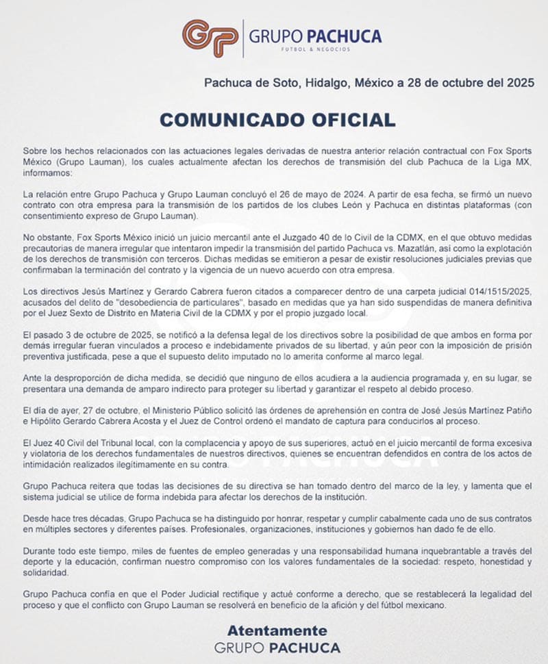 ¡RESPONDE GRUPO PACHUCA A ORDEN DE APREHENSIÓN!