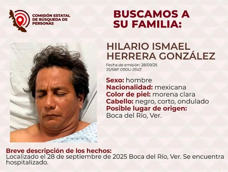 ¡BUSCAN A LA FAMILIA DE HILARIO ISMAEL INTERNADO EN UN HOSPITAL DE BOCA DEL RÍO!