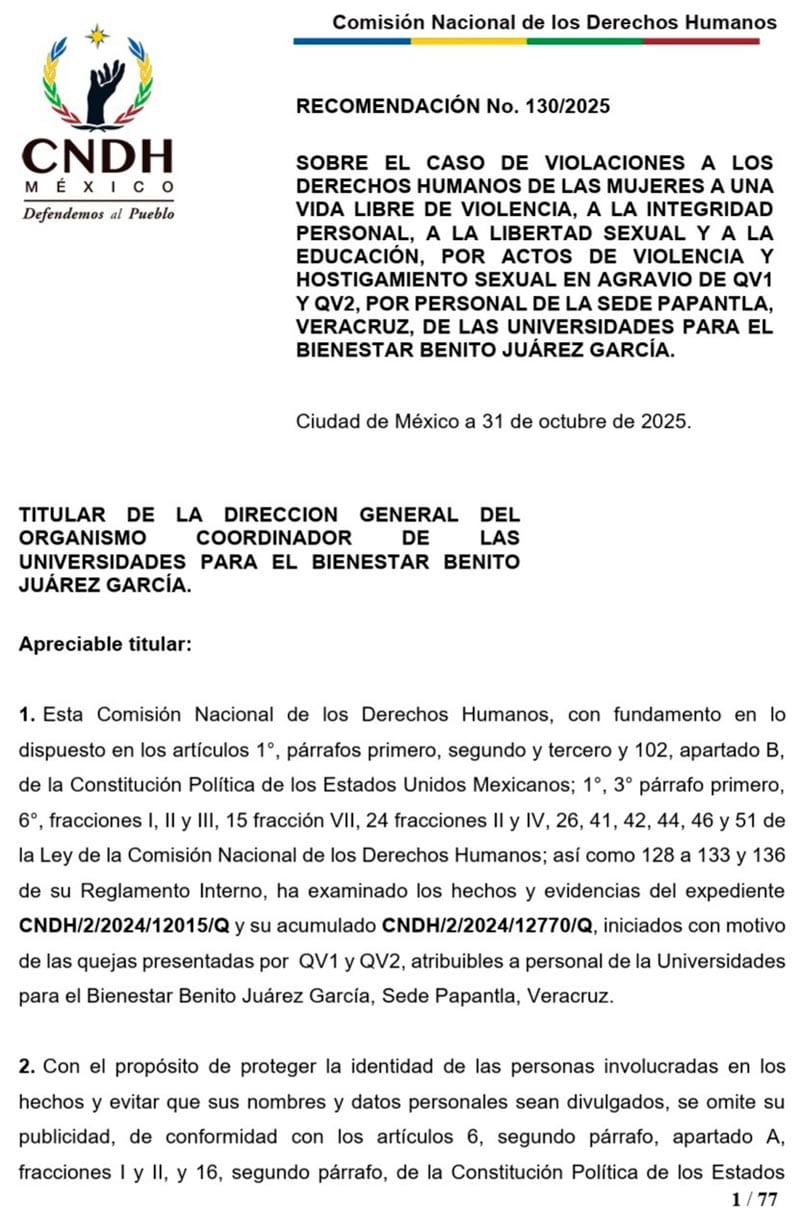 ¡BAJO LA LUPA LA U. BIENESTAR! - *Por caso de violencia sexual la CNDH emite recomendación