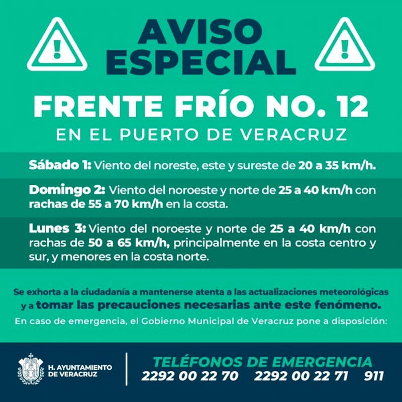 ¡VIENE OTRO NORTE! - * Protección Civil alerta por el Frente Frío 12 con rachas de hasta 70 km/h y lluvias en el puerto de Veracruz del 2 al 4 de noviembre.