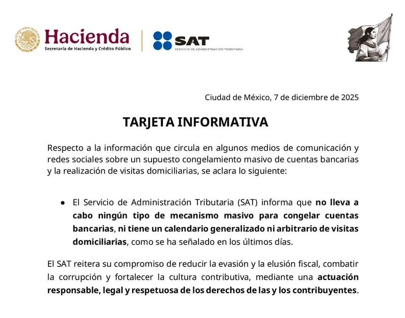 ¡NO CONGELARÁ CUENTAS! - ACLARA EL SAT