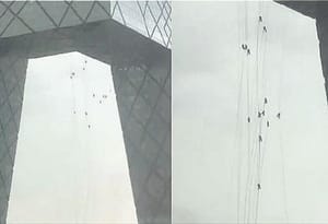 ¡TRABAJADORES DE LIMPIEZA QUEDAN COLGADOS MÁS DE 200 METROS!