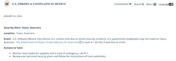 ¡EU EMITE ALERTA DE VIAJE PARA TAXCO!