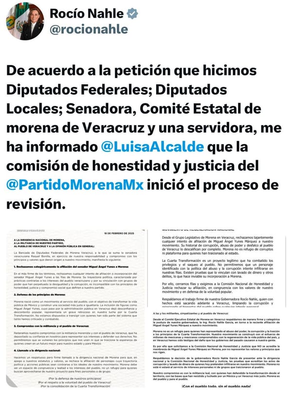 ¡NAHLE CELEBRA QUE MORENA REVISE CASO CHIKY-YUNES! - *Hasta madrugó a postear…