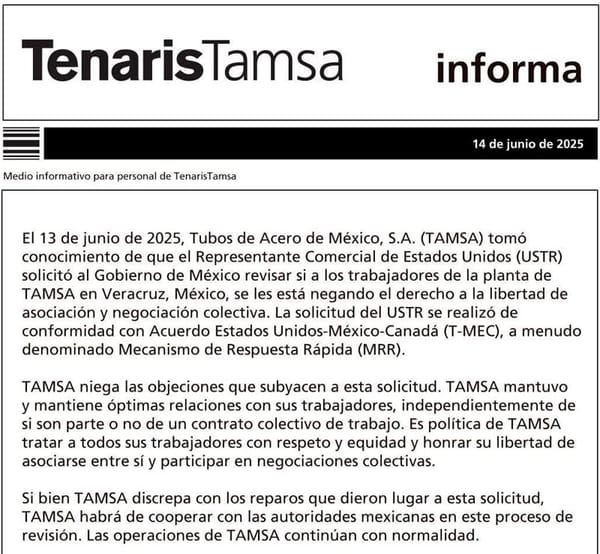 ¡TAMSA RESPONDE! - *Rechaza TAMSA que se esté negando a trabajadores el derecho a la libertad de asociación