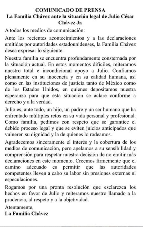 ¡FAMILIA DE JULIO CÉSAR CHÁVEZ JR. LE OFRECE SU “TOTAL E INCONDICIONAL APOYO”!