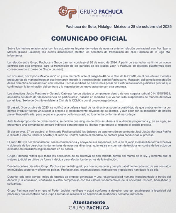 ¡RESPONDE GRUPO PACHUCA A ORDEN DE APREHENSIÓN!