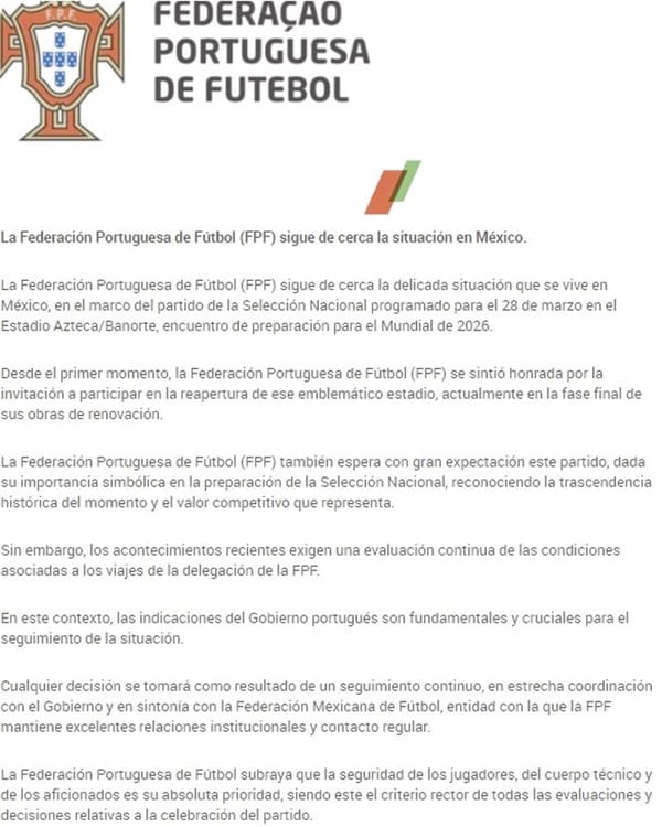 ¡EVALUARÁ PORTUGAL SITUACIÓN EN MÉXICO PARA JUEGO AMISTOSO!
