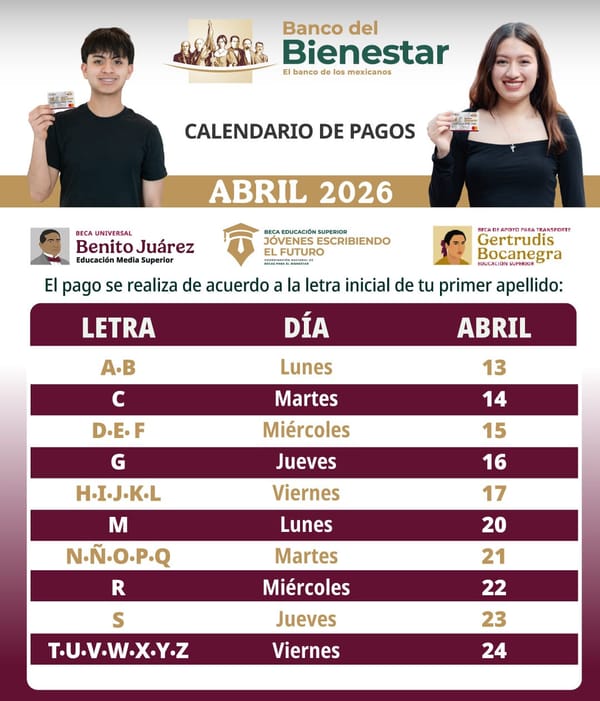 ¡ESTAS SON LAS FECHAS DE PAGO PARA BECAS DEL BIENESTAR DE ABRIL 2026!